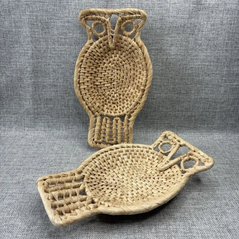 Woven Wicker Owl Baskets Set of 2 Boho Wall Decor Catchall Tray Natural Vintage